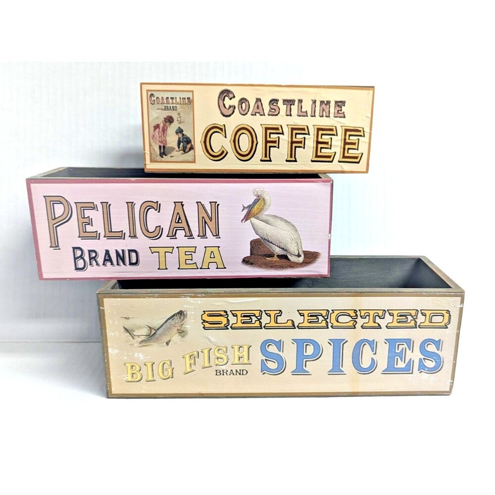 Decorative Wood Boxes 3pc Rectangle Spice Coffee Tea Labels Rustic Storage Gift